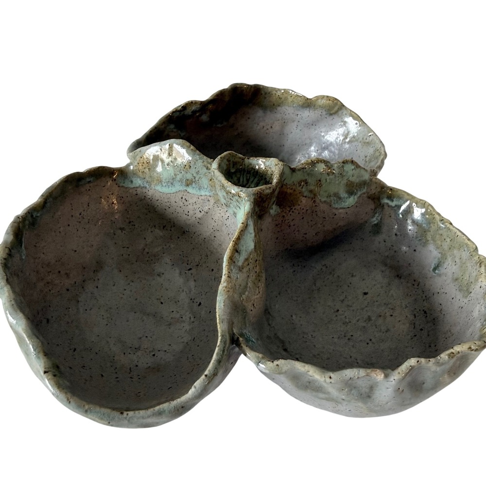 Handmade Studio Pottery 3 Section Bowl Dish Rustic Glaze Ceramic Divided‎